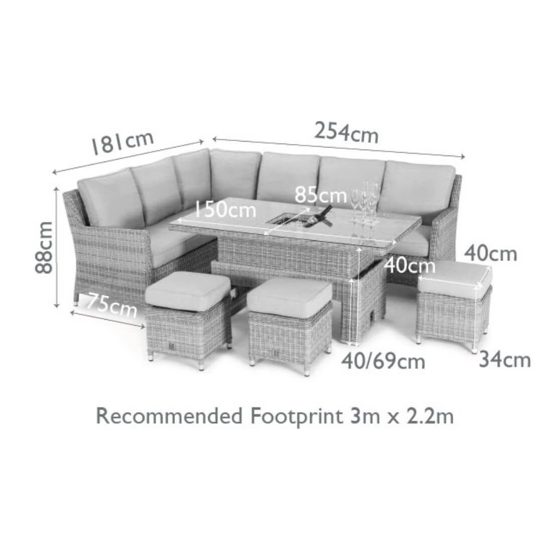 Diagram of a rattan corner sofa dining set with three stools and a rectangular ice bucket rising table