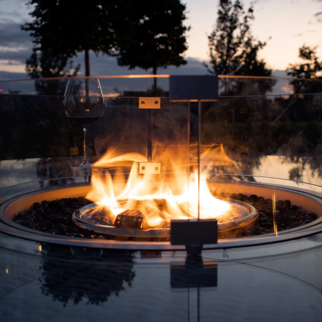 Light Grey Rattan 6 Seat Round Fire Pit Dining Set with Lazy Susan