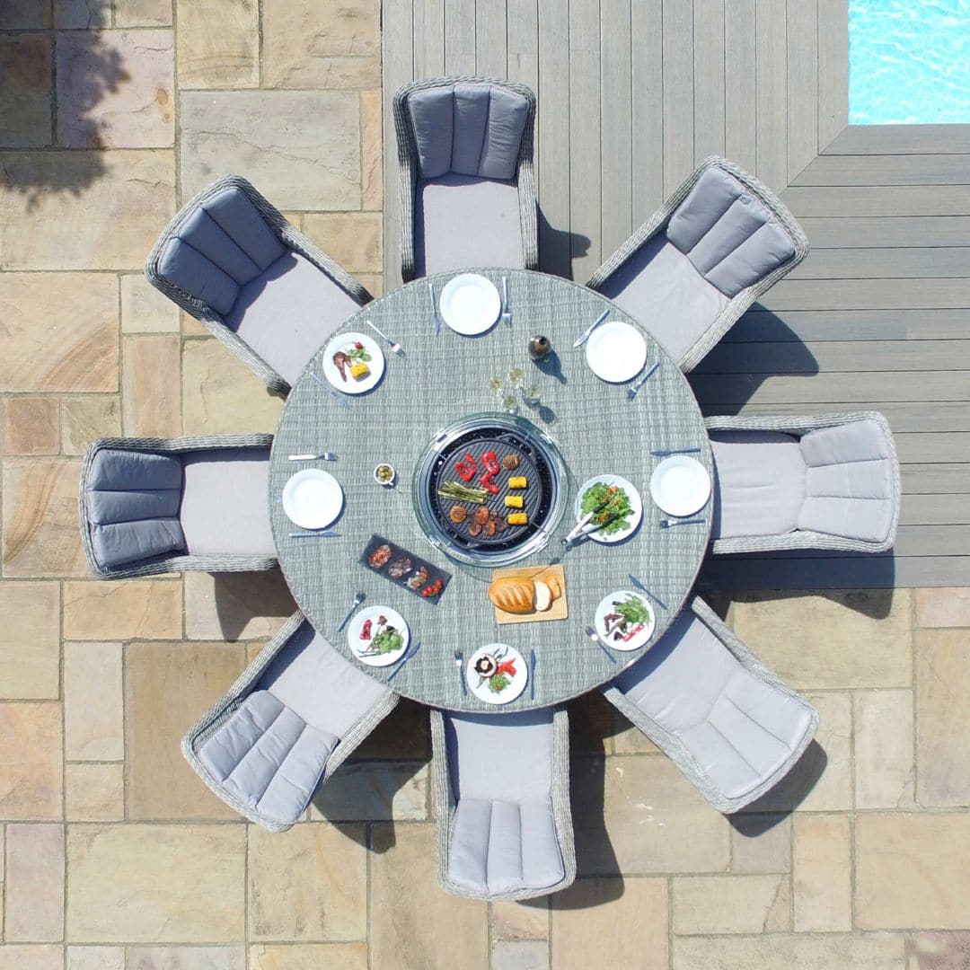 Light Grey Rattan 8 Seat Round Fire Pit Dining Set with Lazy Susan