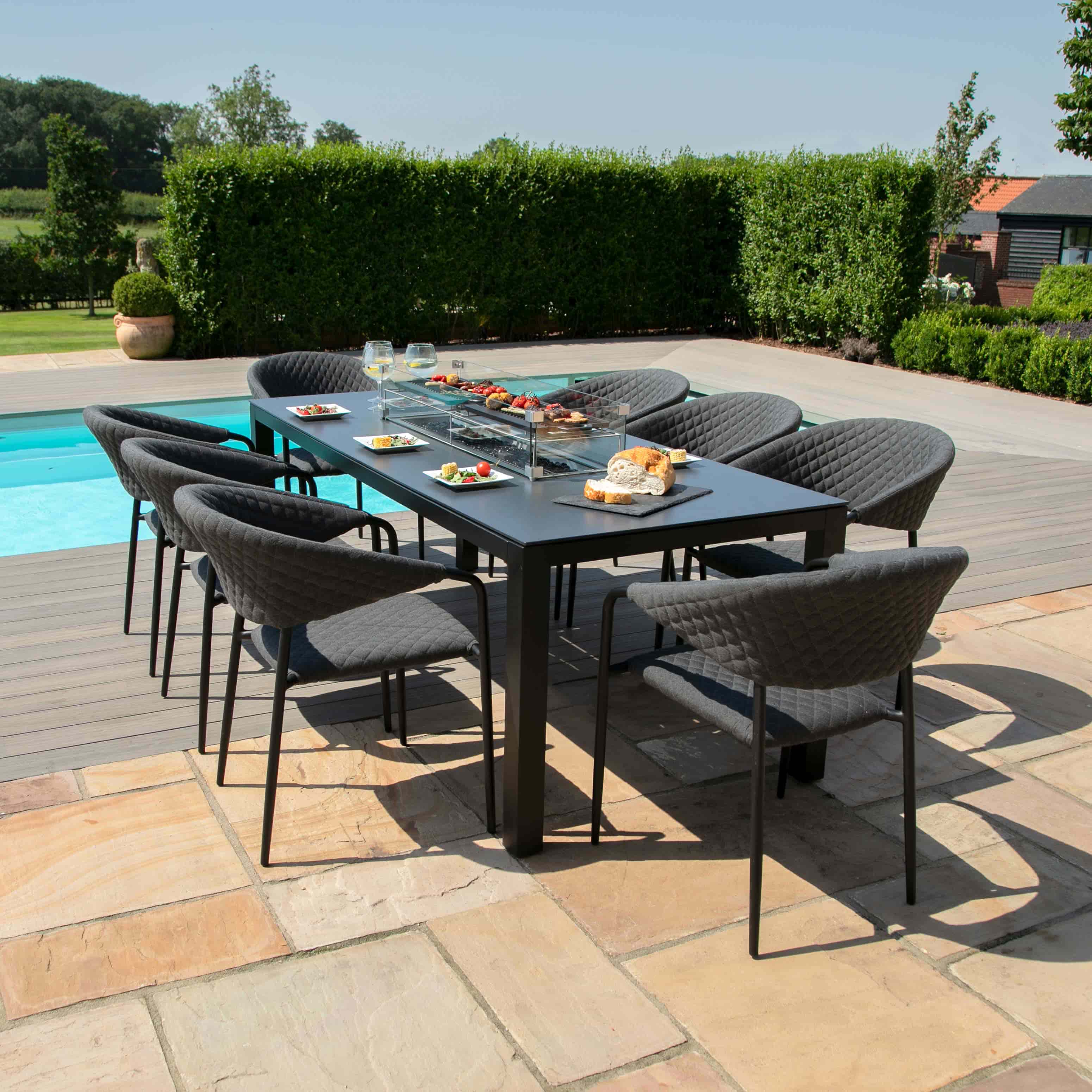 Fabric 8 seat rectangular fire pit dining set with quilted chairs #colour_charcoal