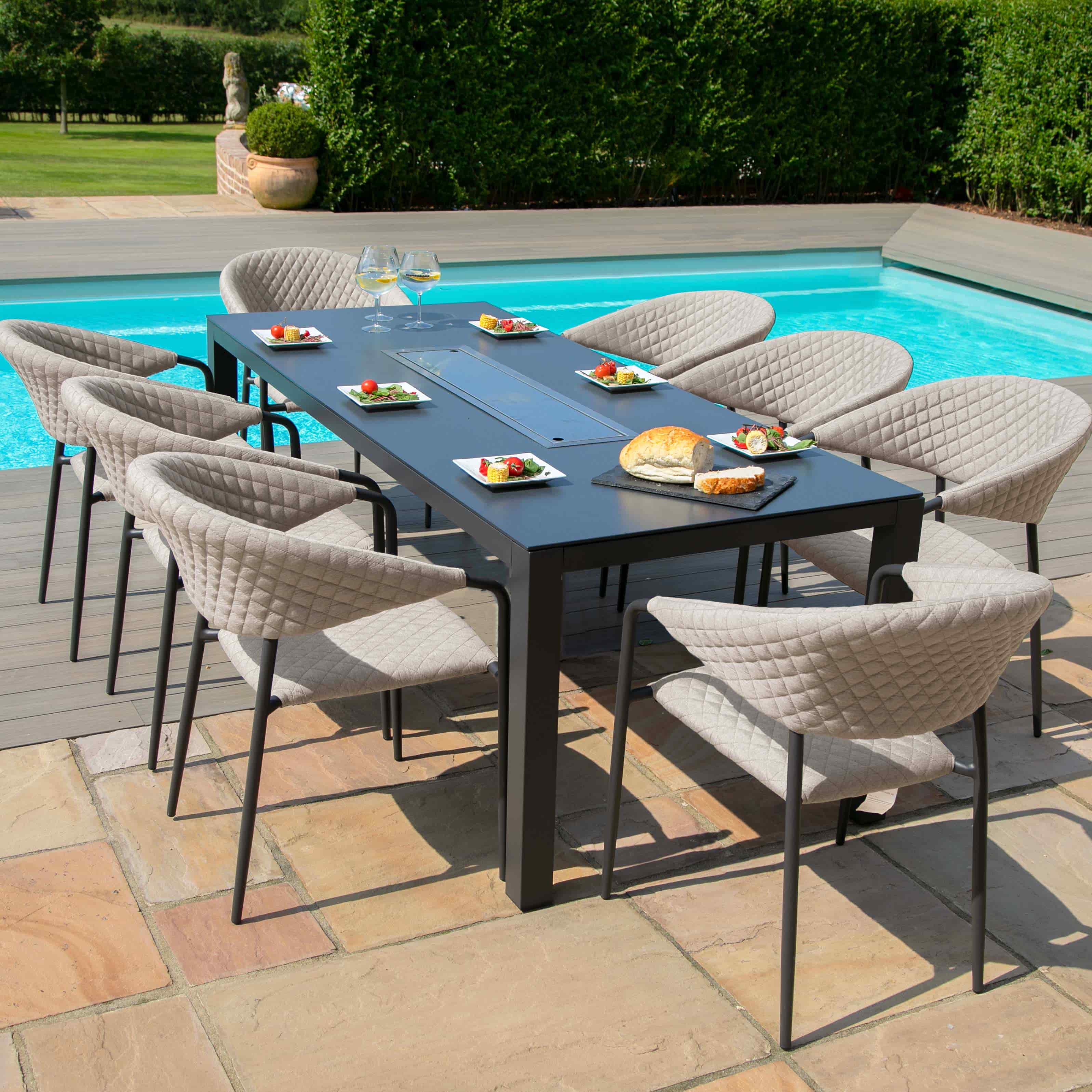 Fabric 8 seat rectangular fire pit dining set with quilted chairs #colour_taupe