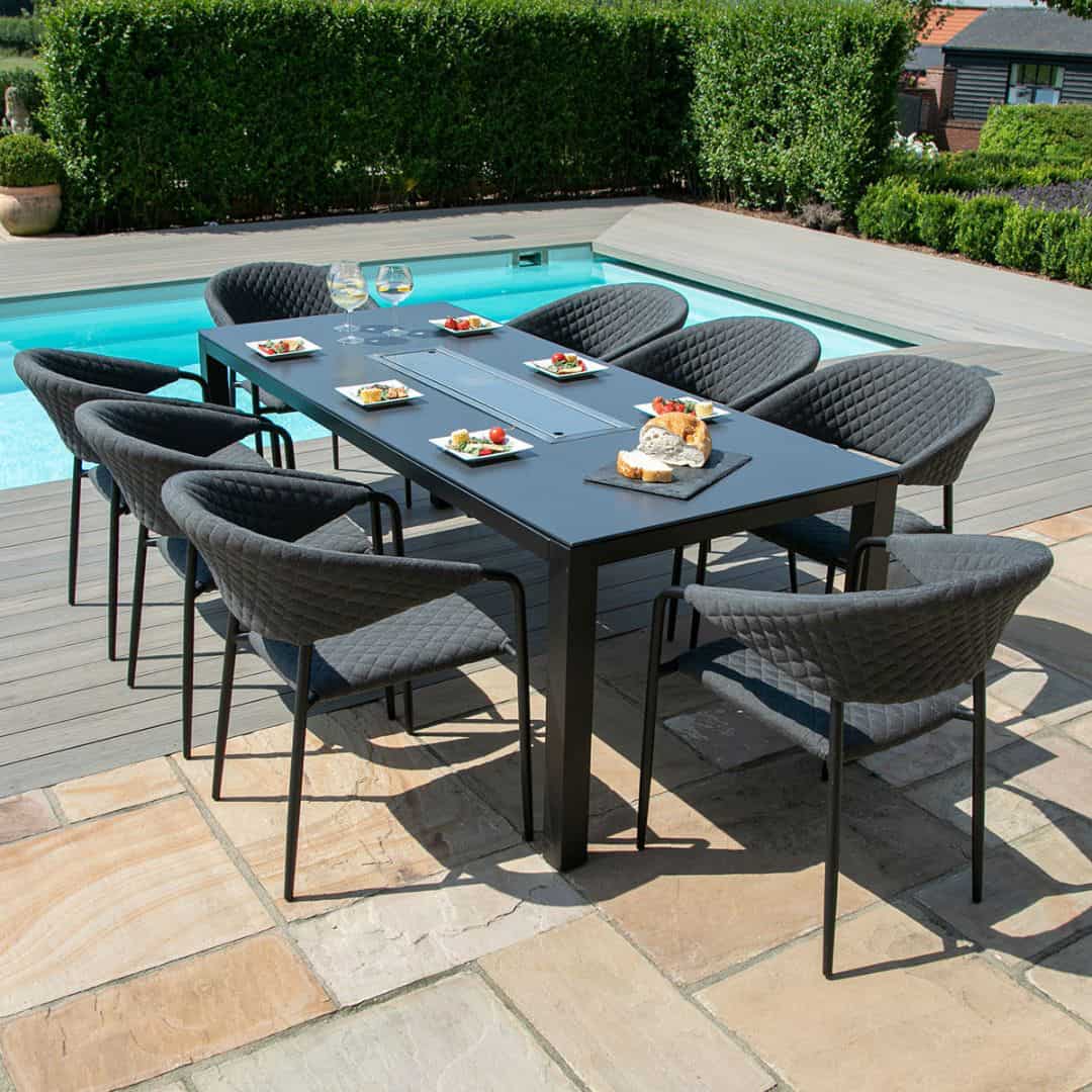Fabric 8 seat rectangular fire pit dining set with quilted chairs #colour_charcoal