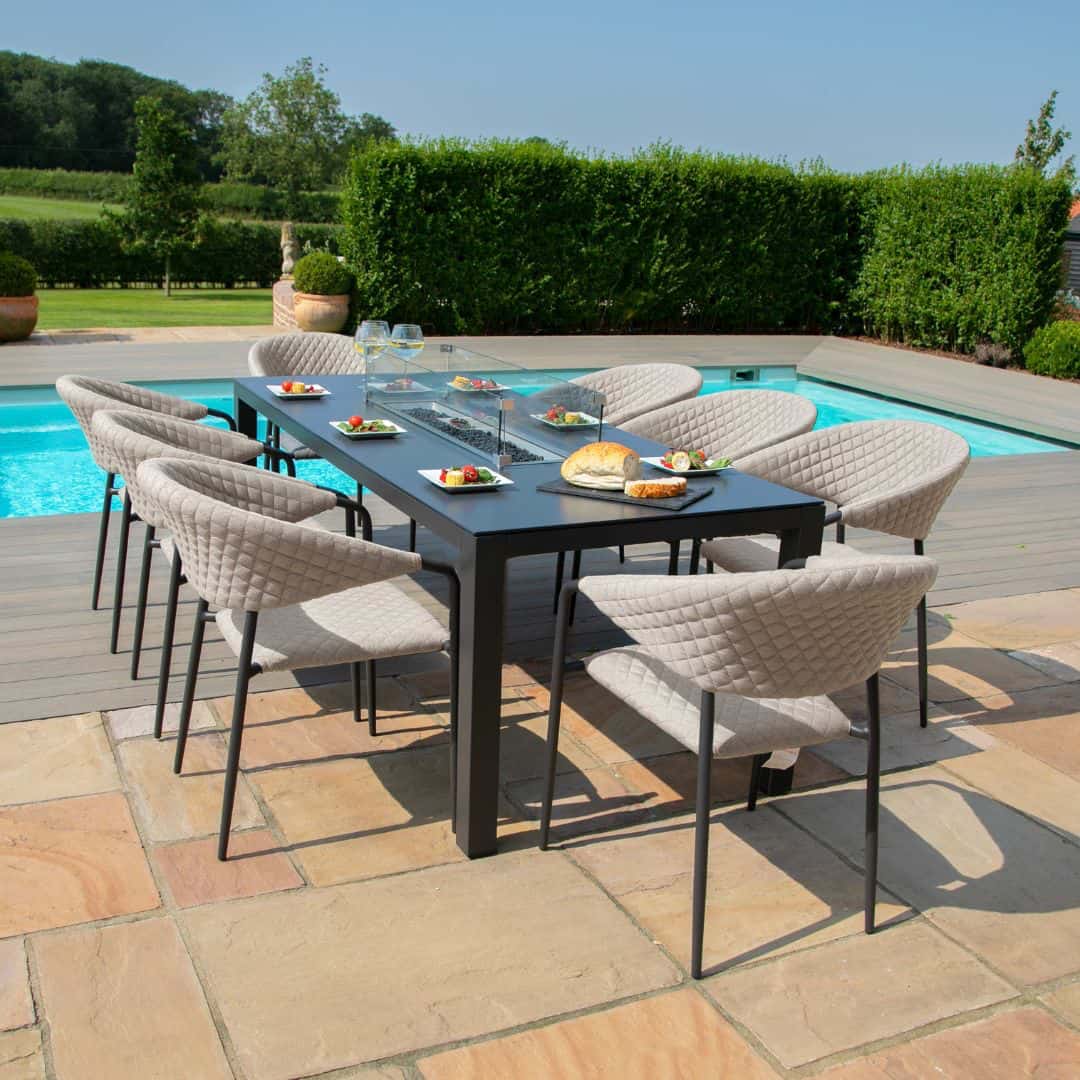 Fabric 8 seat rectangular fire pit dining set with quilted chairs #colour_taupe