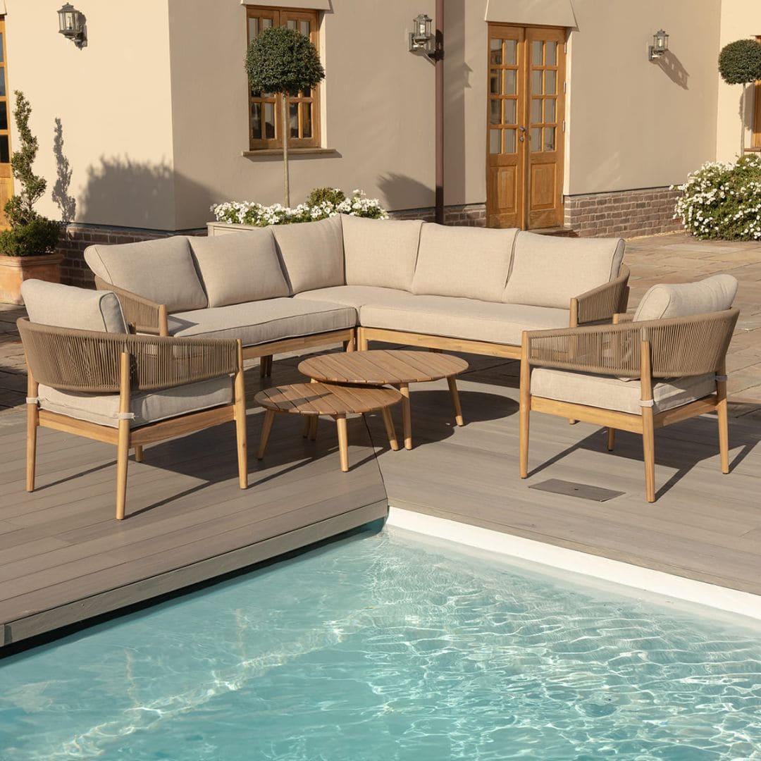 Acacia Wood and Brown Rope Weave Corner Sofa Set with 2 Round Coffee Table and 2 Armchairs