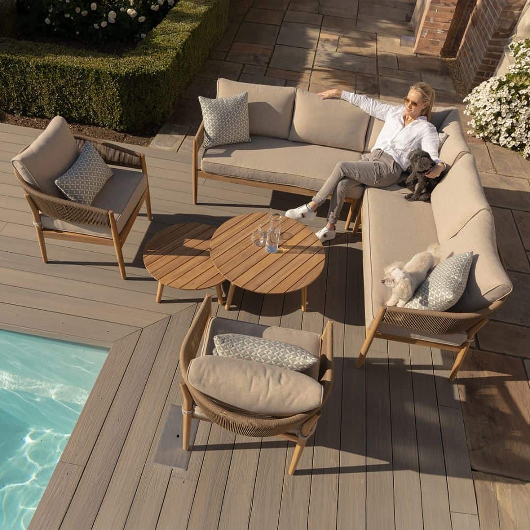 Acacia Wood and Brown Rope Weave Corner Sofa Set with 2 Round Coffee Table and 2 Armchairs