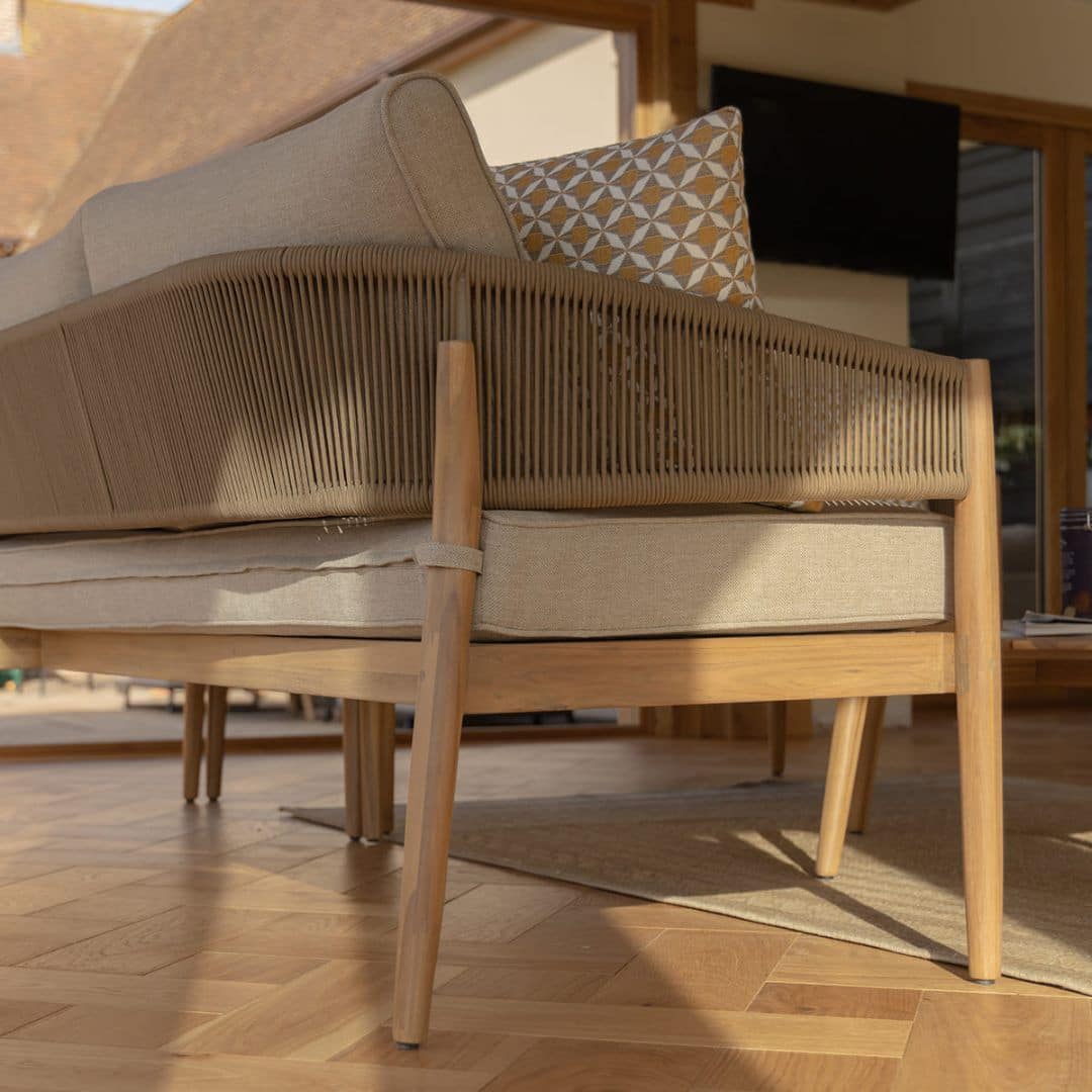 Acacia Wood and Brown Rope Weave Corner Sofa Set with 2 Round Coffee Table and 2 Armchairs