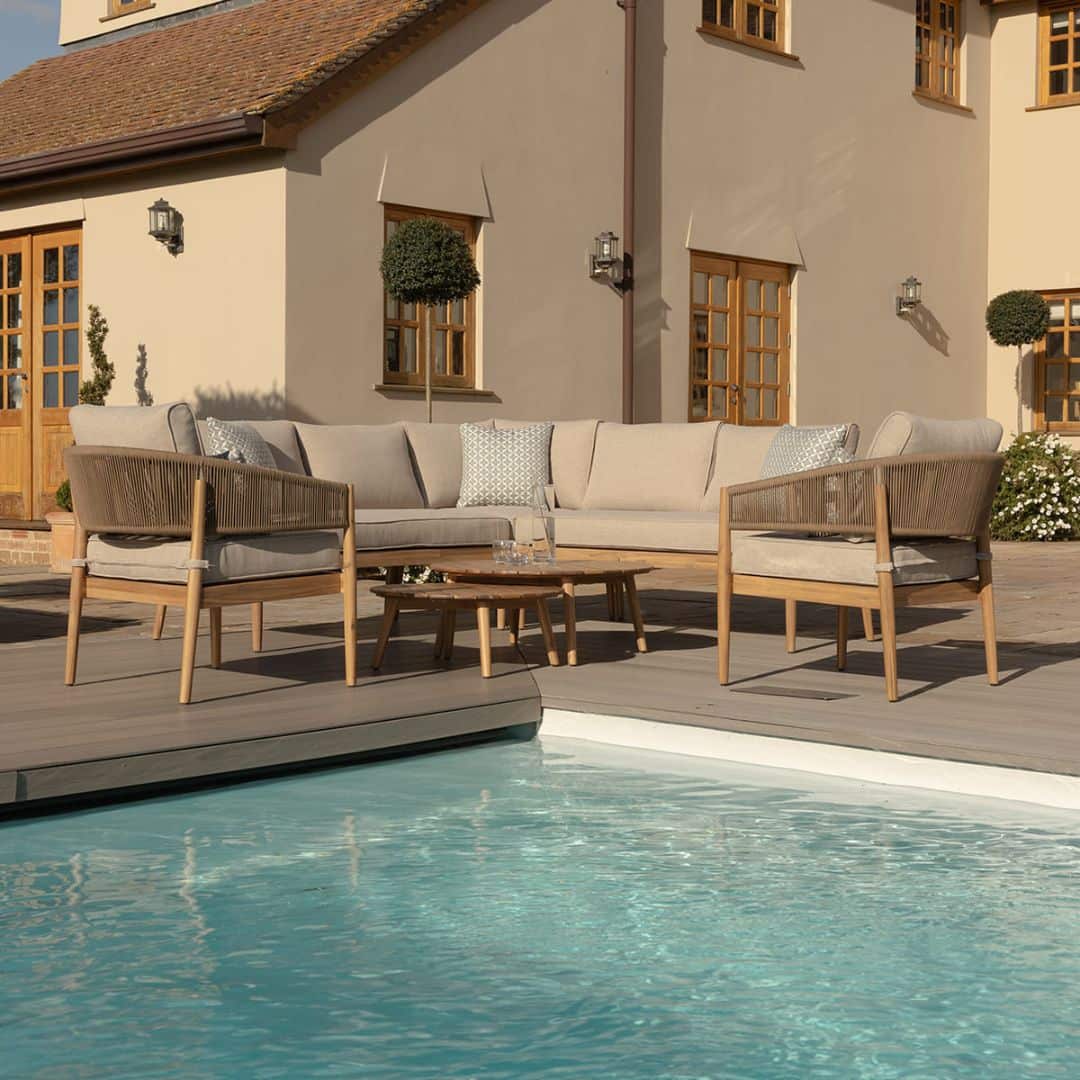 Acacia Wood and Brown Rope Weave Corner Sofa Set with 2 Round Coffee Table and 2 Armchairs