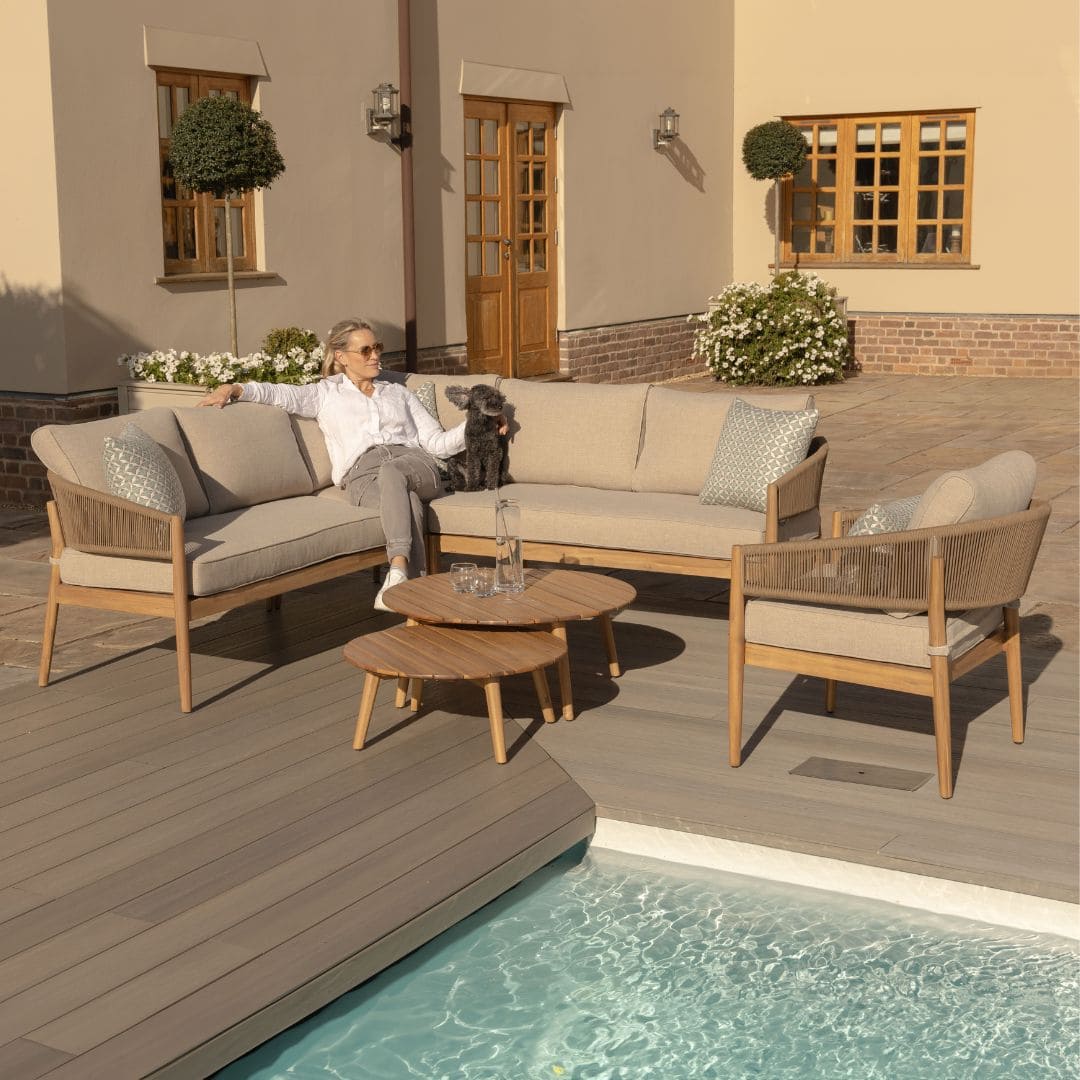 Acacia Wood and Brown Rope Weave Corner Sofa Set with 2 Round Coffee Table and an Armchair