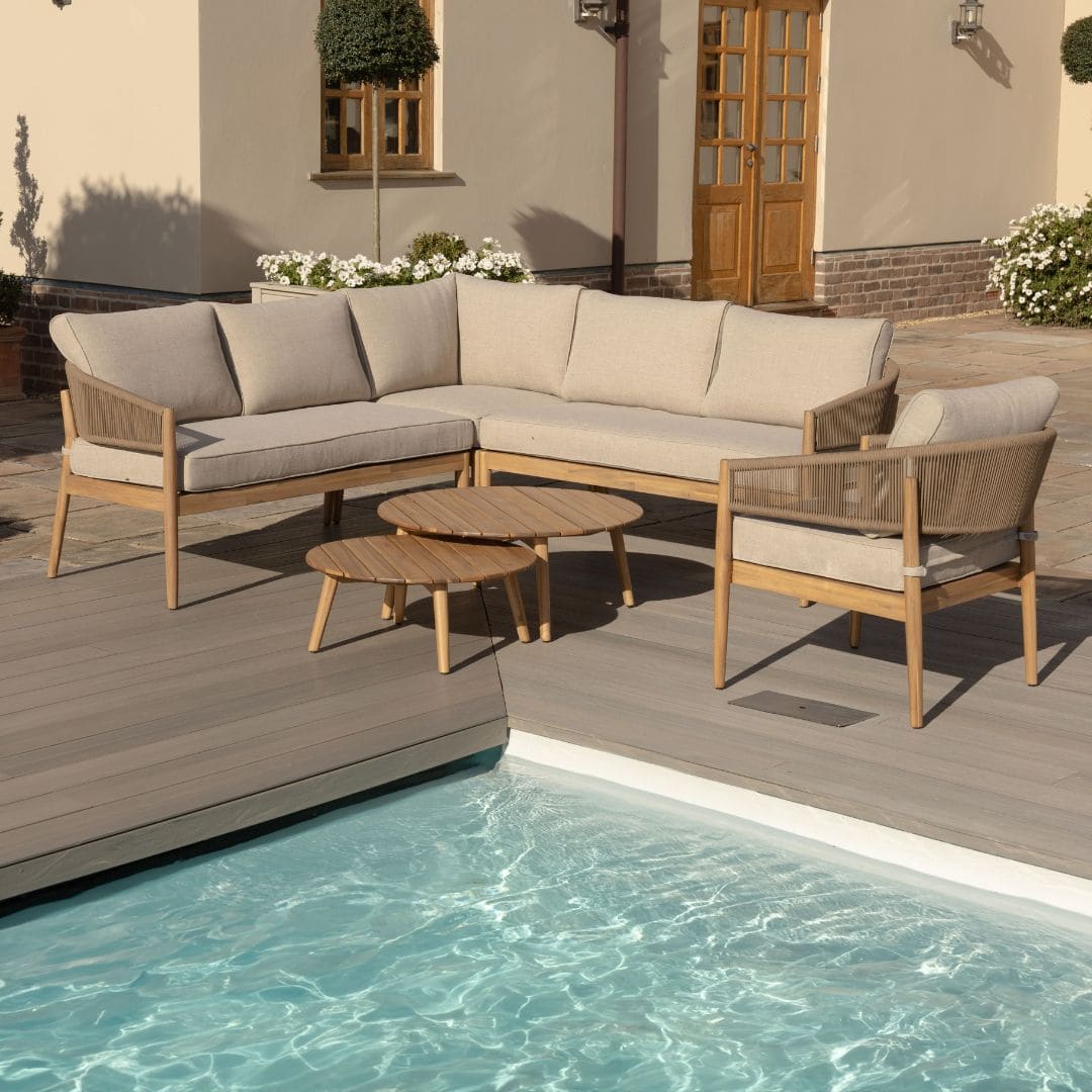 Acacia Wood and Brown Rope Weave Corner Sofa Set with 2 Round Coffee Table and an Armchair