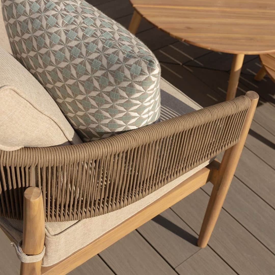 Acacia Wood and Brown Rope Weave Corner Sofa Set with 2 Round Coffee Table and an Armchair