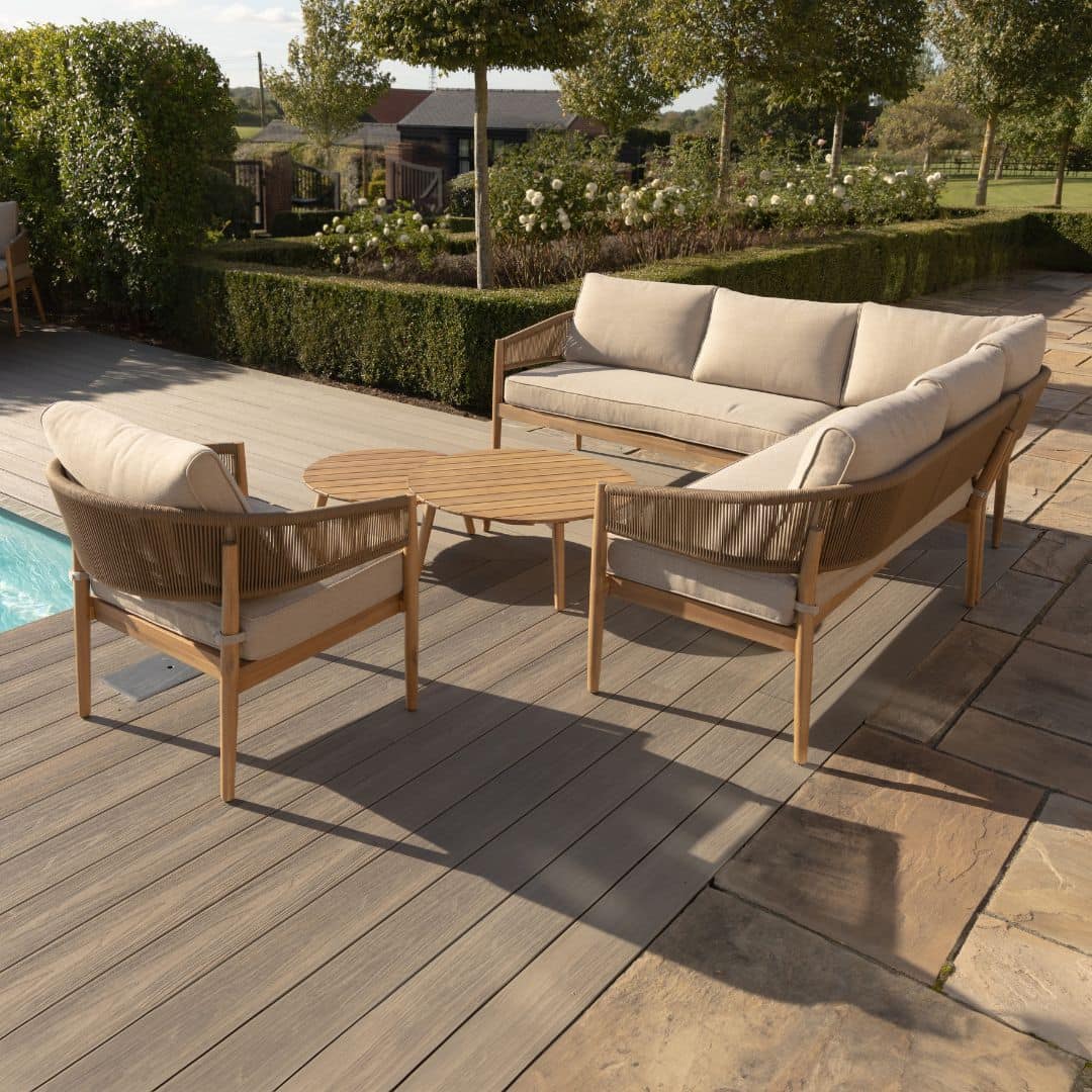 Acacia Wood and Brown Rope Weave Corner Sofa Set with 2 Round Coffee Table and an Armchair