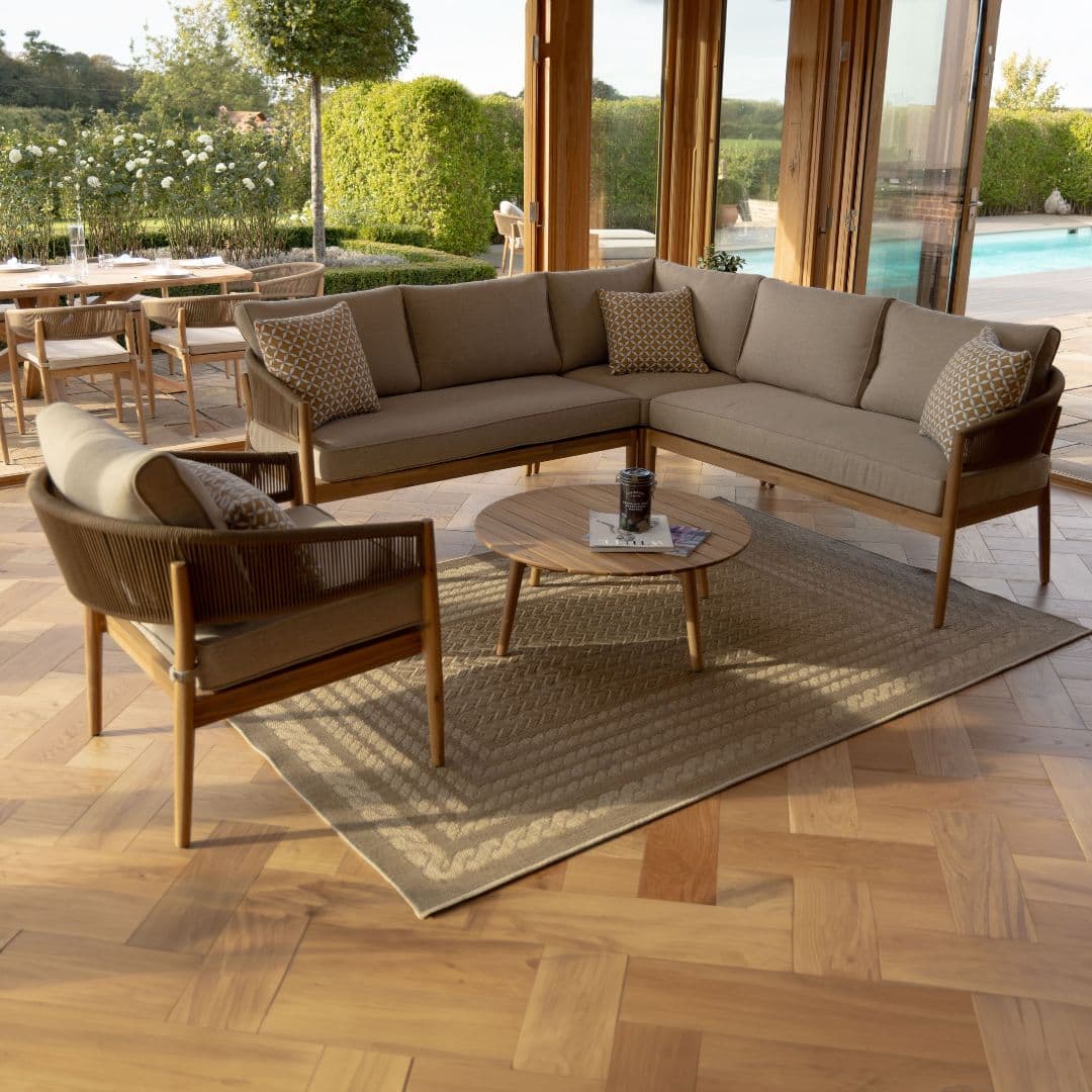 Acacia Wood and Brown Rope Weave Corner Sofa Set with 2 Round Coffee Table and an Armchair