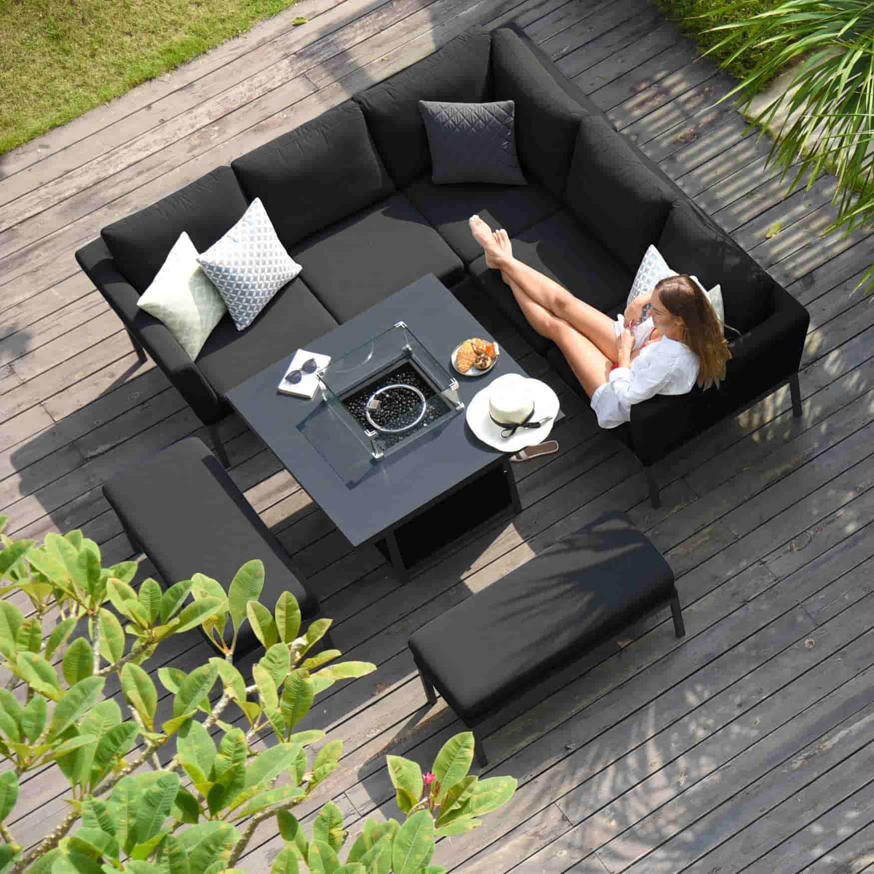 Fabric corner sofa dining set with square fire pit table #colour_charcoal