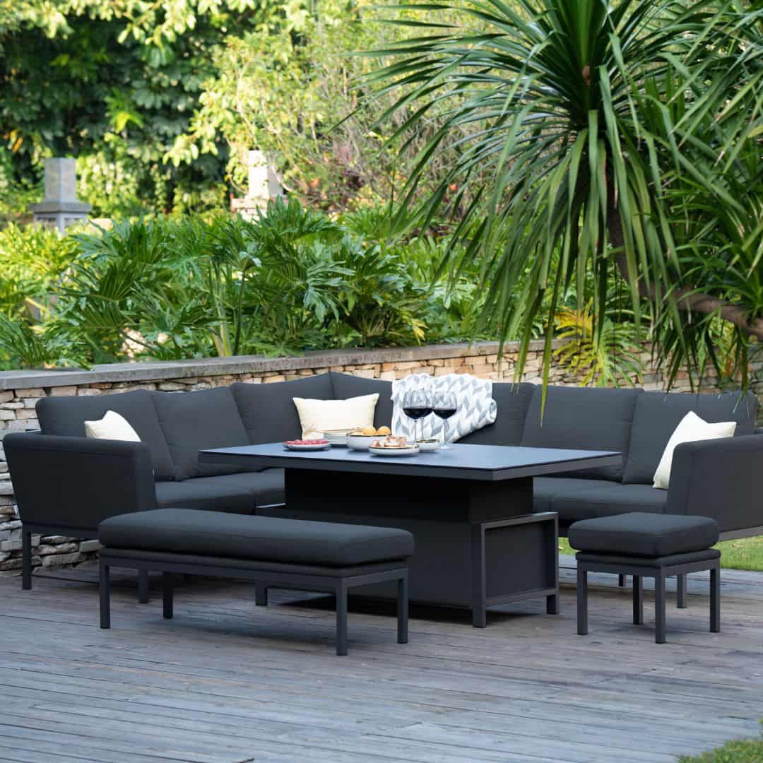 Fabric corner sofa dining set with rectangular rising table, one stool and bench #colour_charcoal