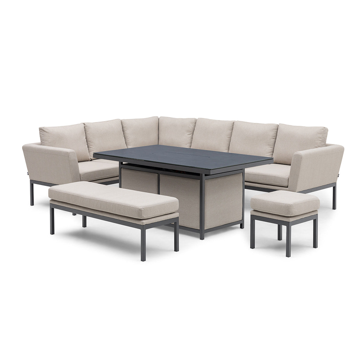 Fabric corner sofa dining set with rectangular fire pit table, bench and one stool #colour_oatmeal