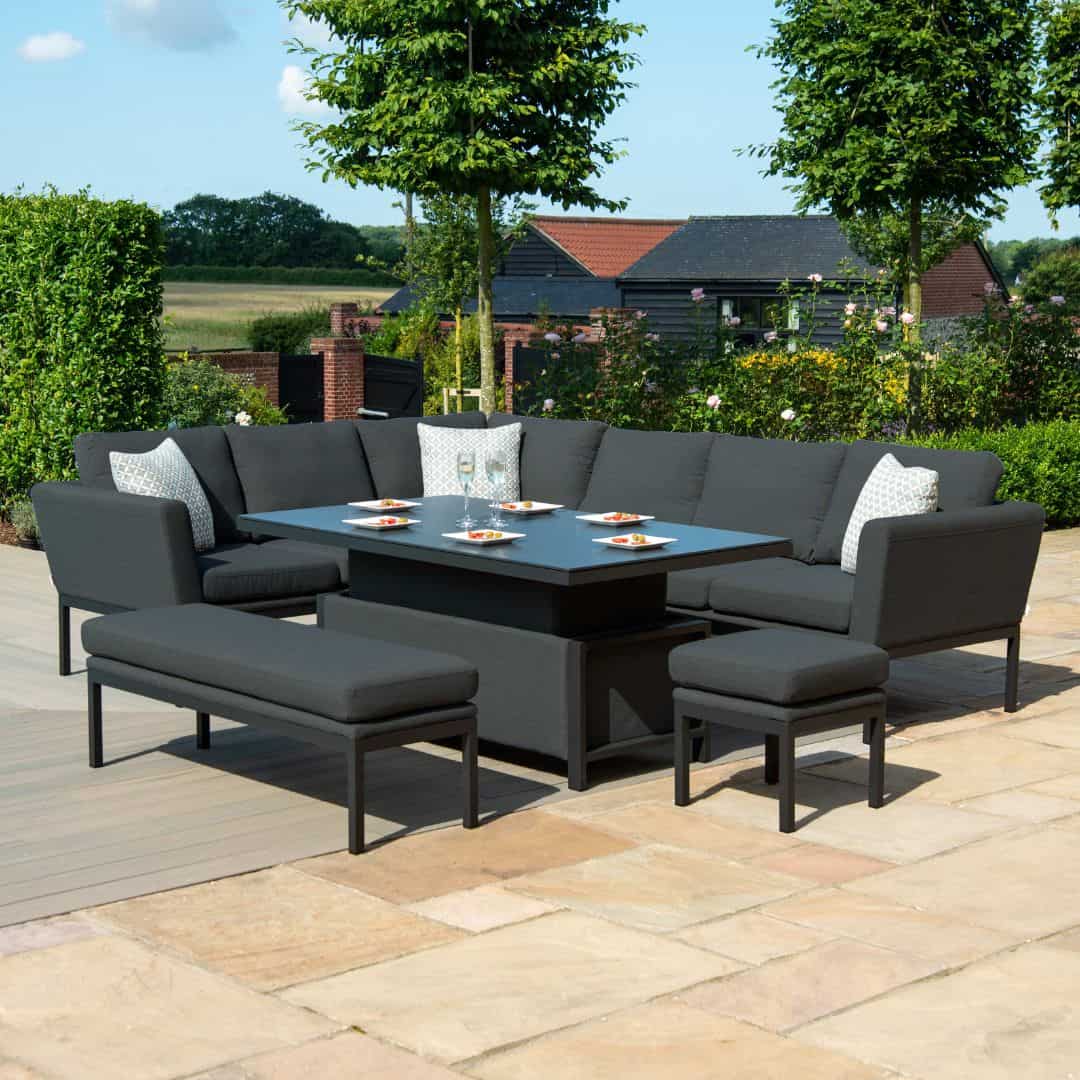 Fabric corner sofa dining set with rectangular rising table, one stool and bench #colour_charcoal