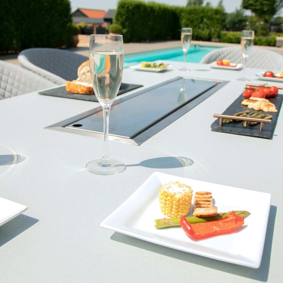 Fabric corner sofa dining set with rectangular fire pit table, bench and one stool #colour_lead chine