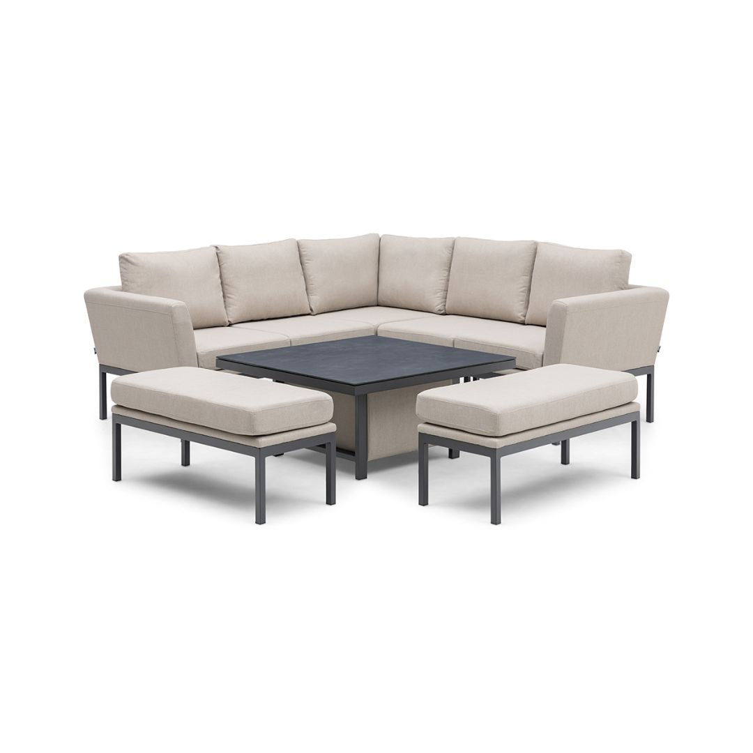 Beige Oatmeal Outdoor Fabric Corner Dining Set with 2 Seating Benches and a Square Rising Table #colour_oatmeal