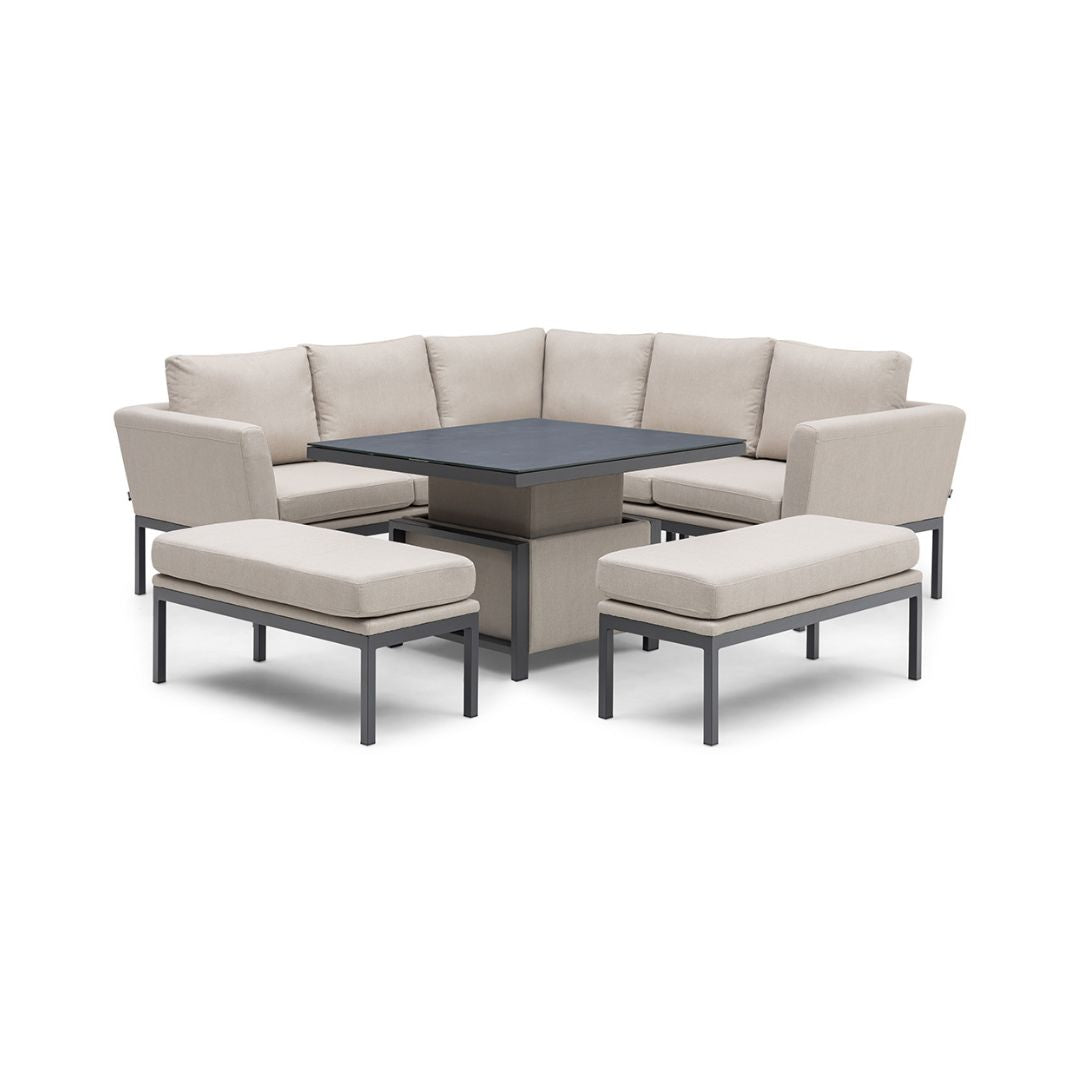 Beige Oatmeal Outdoor Fabric Corner Dining Set with 2 Seating Benches and a Square Rising Table #colour_oatmeal