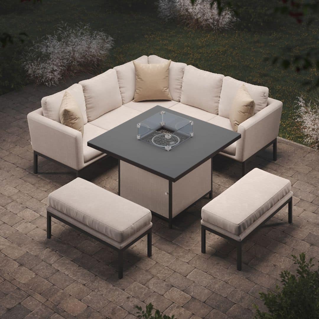 Fabric corner sofa dining set with square fire pit table #colour_oatmeal