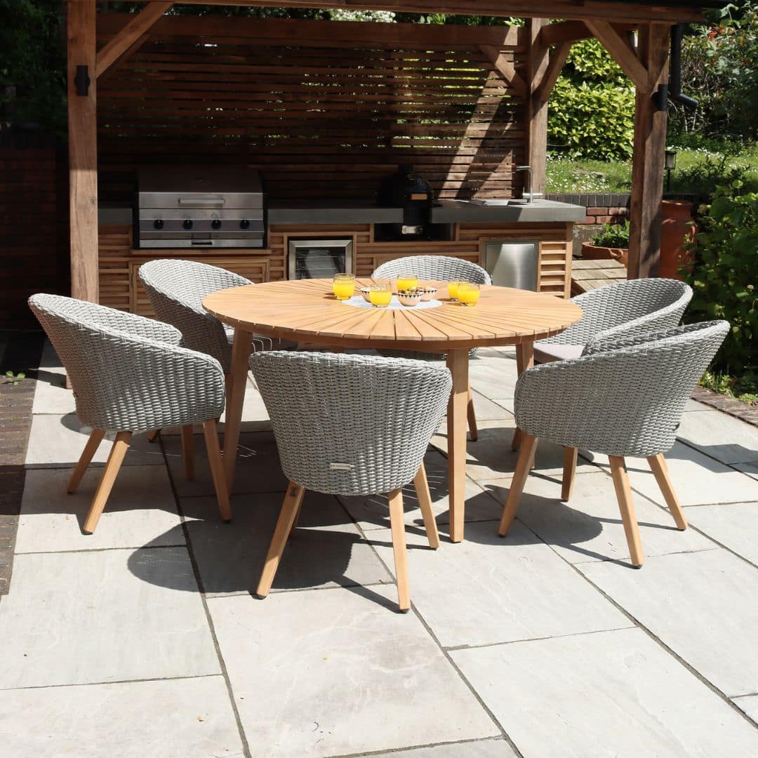 Acacia Wood 6 Seat Round Dining Set with a Terrazzo Insert and Grey Rattan Half Round Weave Dining Chairs