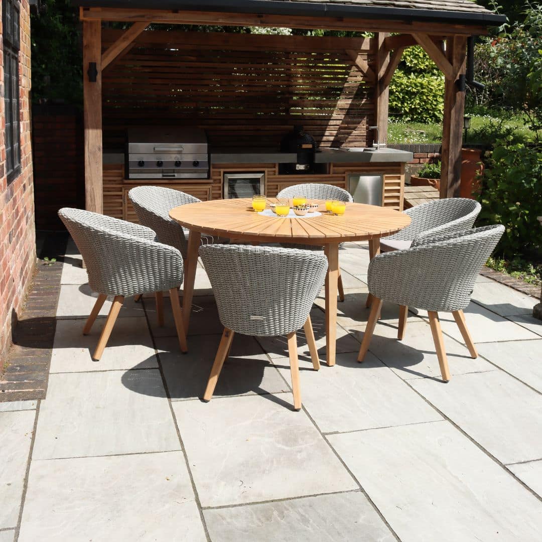 Acacia Wood 6 Seat Round Dining Set with a Terrazzo Insert and Grey Rattan Half Round Weave Dining Chairs