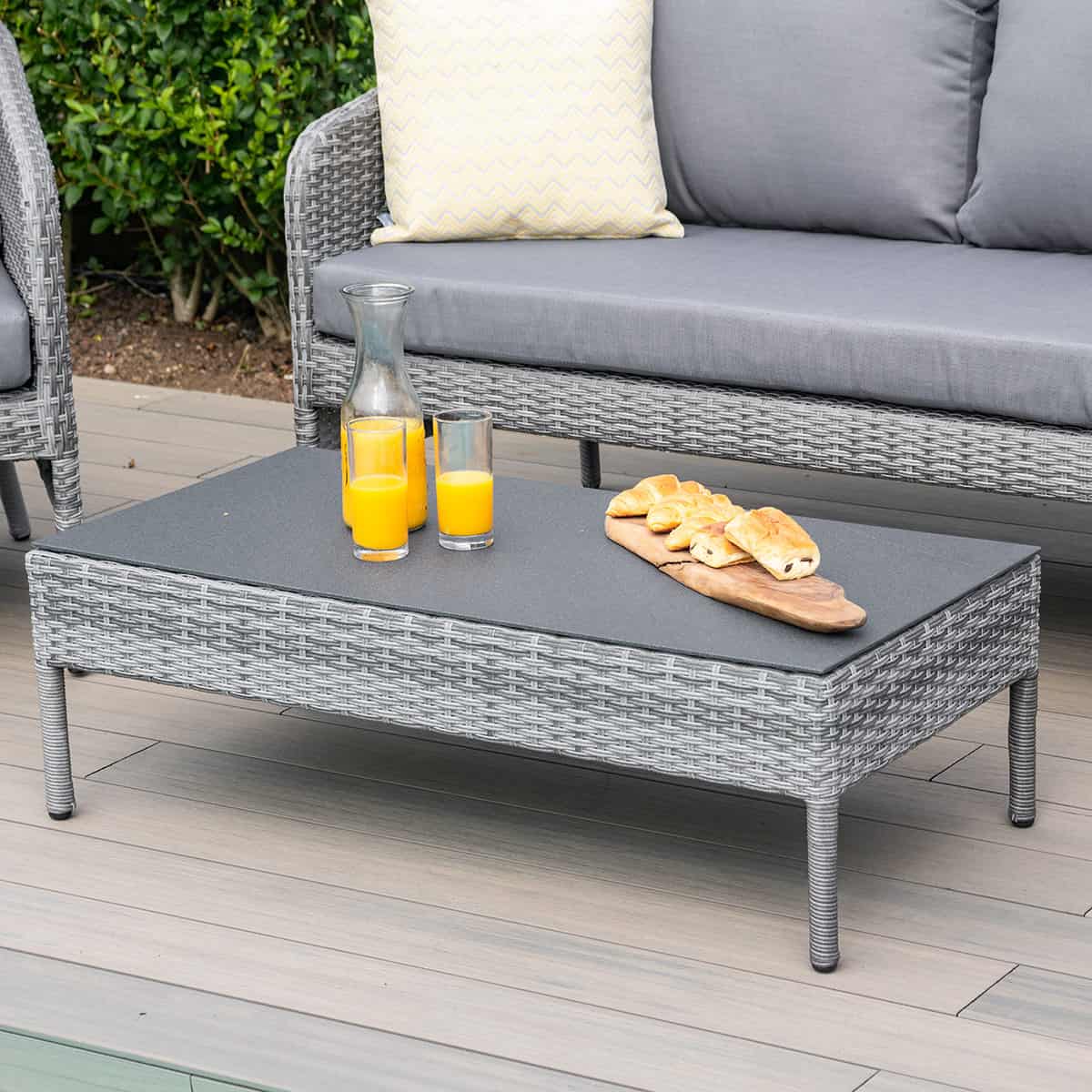 Close up of the grey rattan coffee table