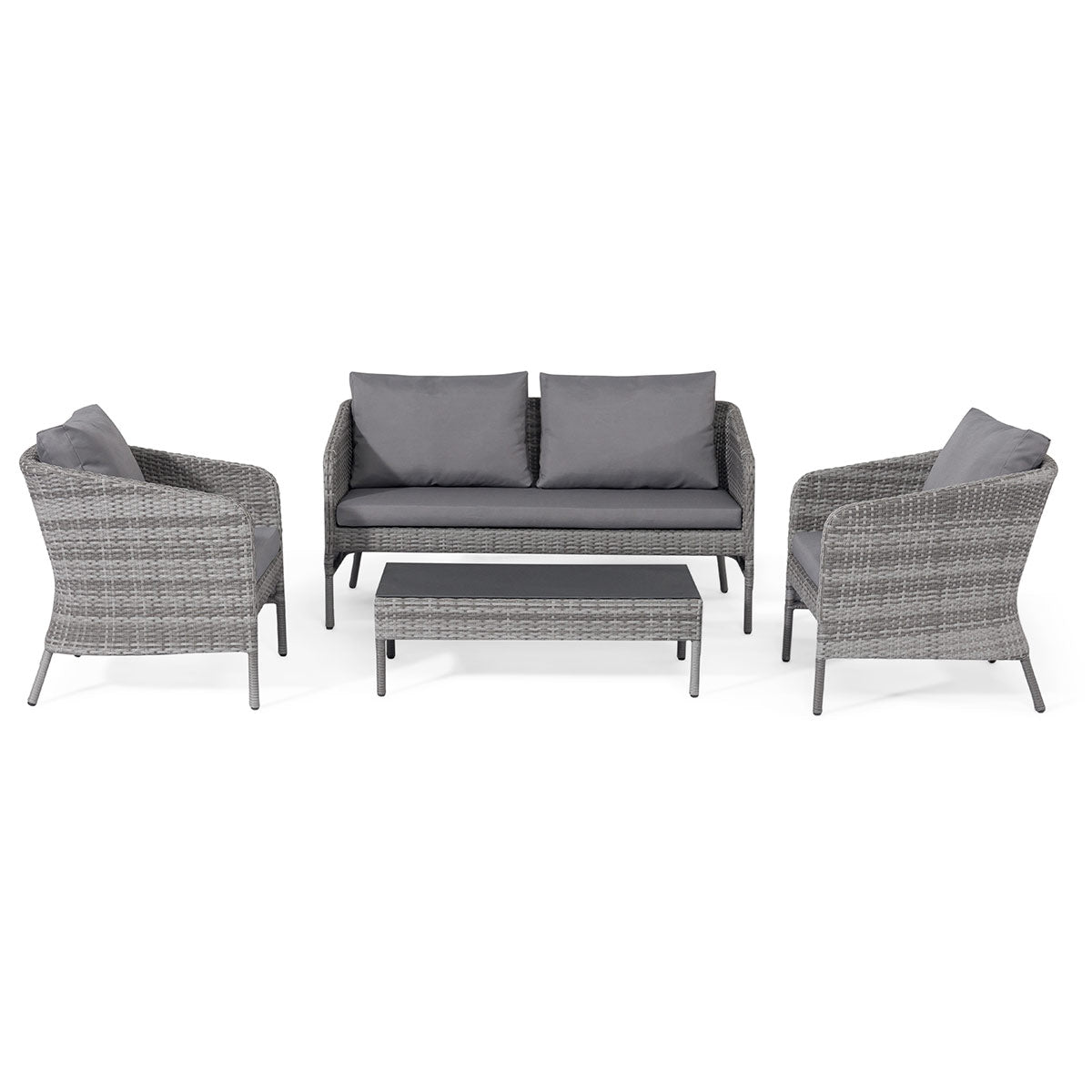 Grey rattan 2 seat sofa set with two chairs and coffee table