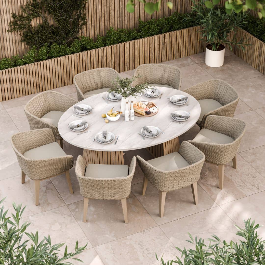 8 Seat Dining Set with an Acacia Hardwood Dual Half Conical Base, Warm Natural Effect Concrete Table Top and Synthetic Rope Weave Dining Chairs