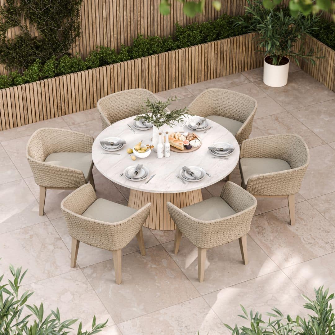 6 Seat Round Dining Set with an Acacia Hardwood Conical Base, Warm Natural Concrete Table Top and Synthetic Rope Weave Dining Chairs