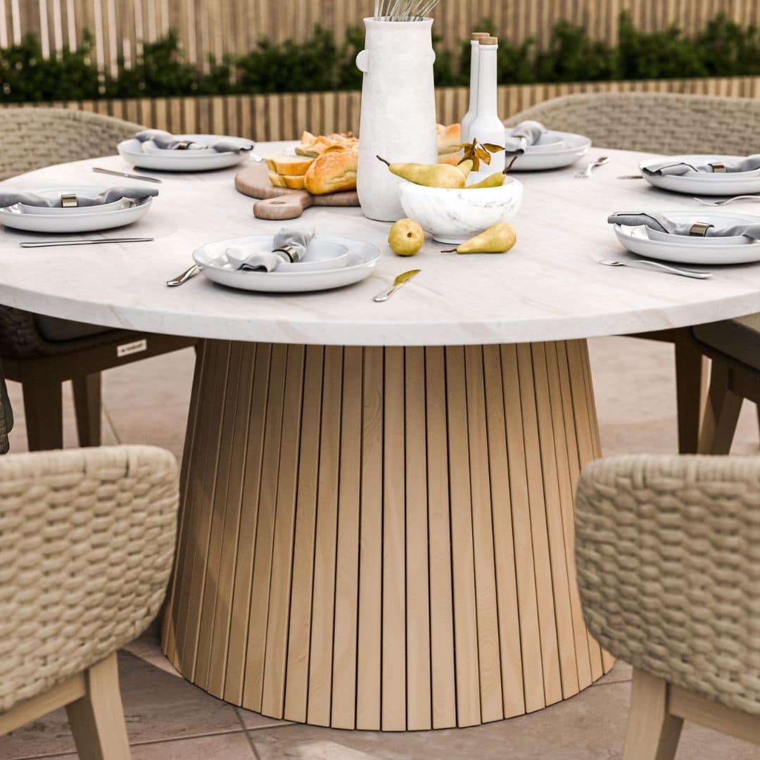 6 Seat Round Dining Set with an Acacia Hardwood Conical Base, Warm Natural Concrete Table Top and Synthetic Rope Weave Dining Chairs