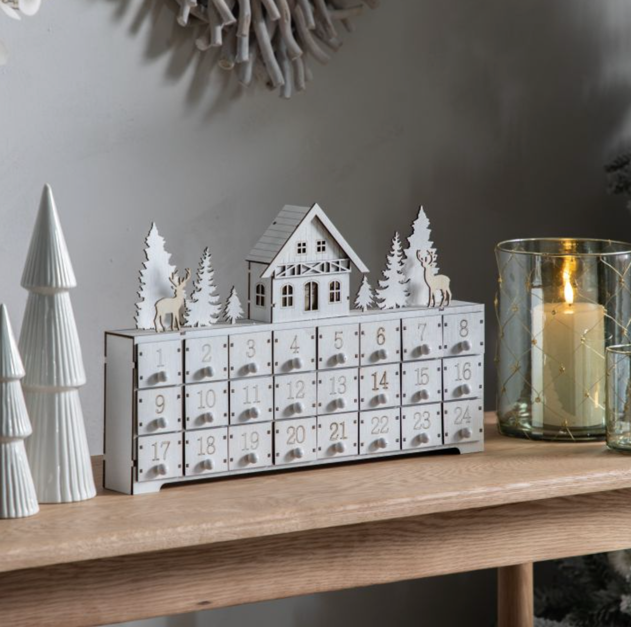 Festive White Wooden LED Advent Calendar