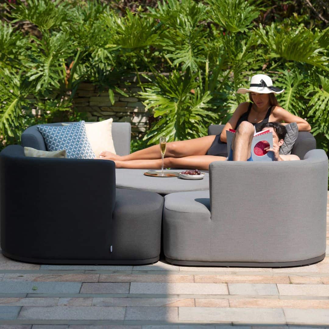 Fabric outdoor set with four separate chairs as a day bed #colour_flanelle & charcoal
