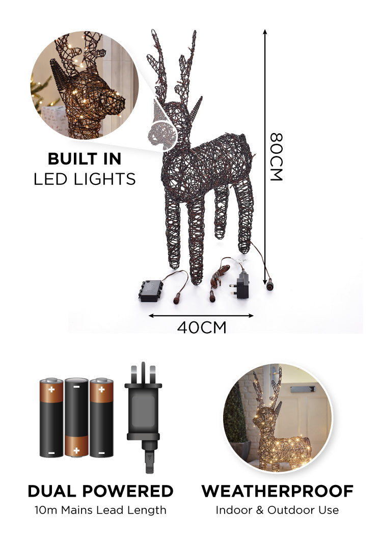Brown 80cm Outdoor Rattan LED Reindeer