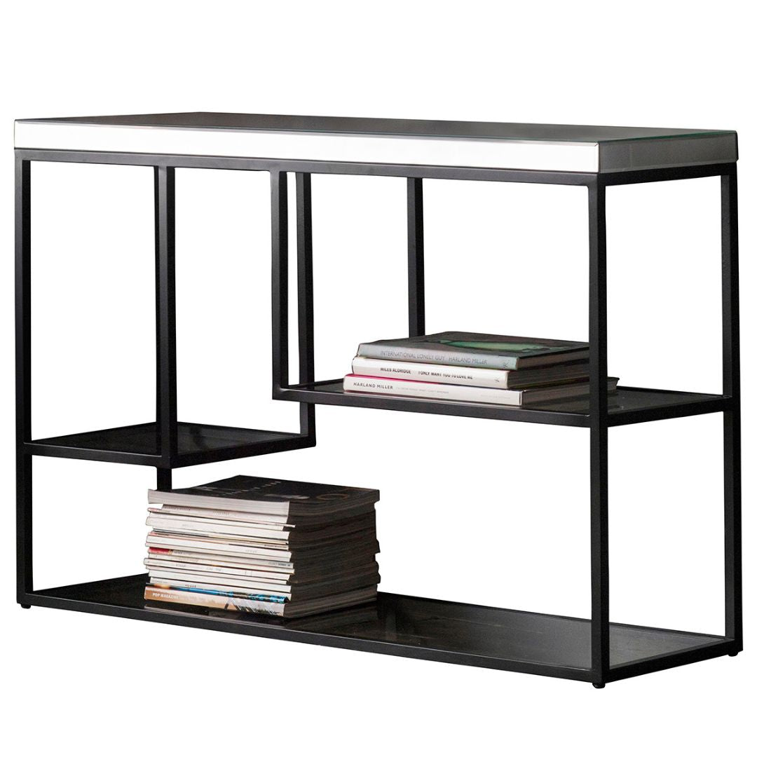 Matte black metal frame console table with a mirrored table top