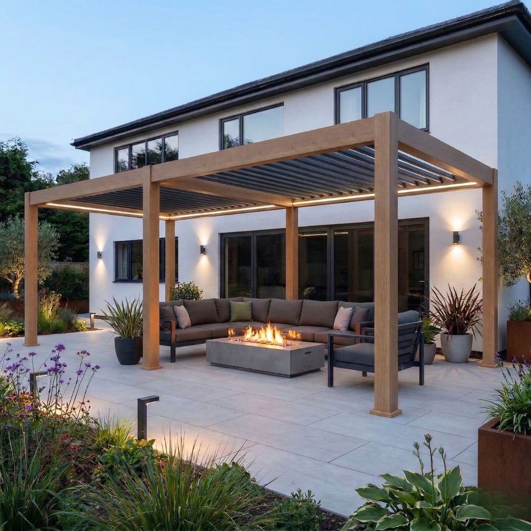 Hemera Deluxe Aluminium Pergola - 6m x 3m in Light Oak