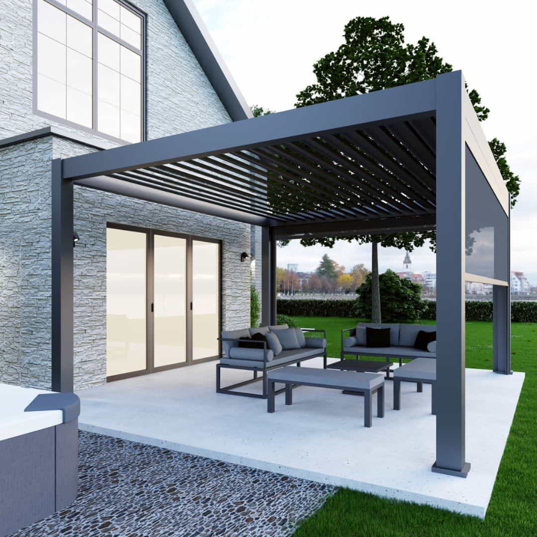 2.5m x 2.5m grey aluminium pergola with louvred roof