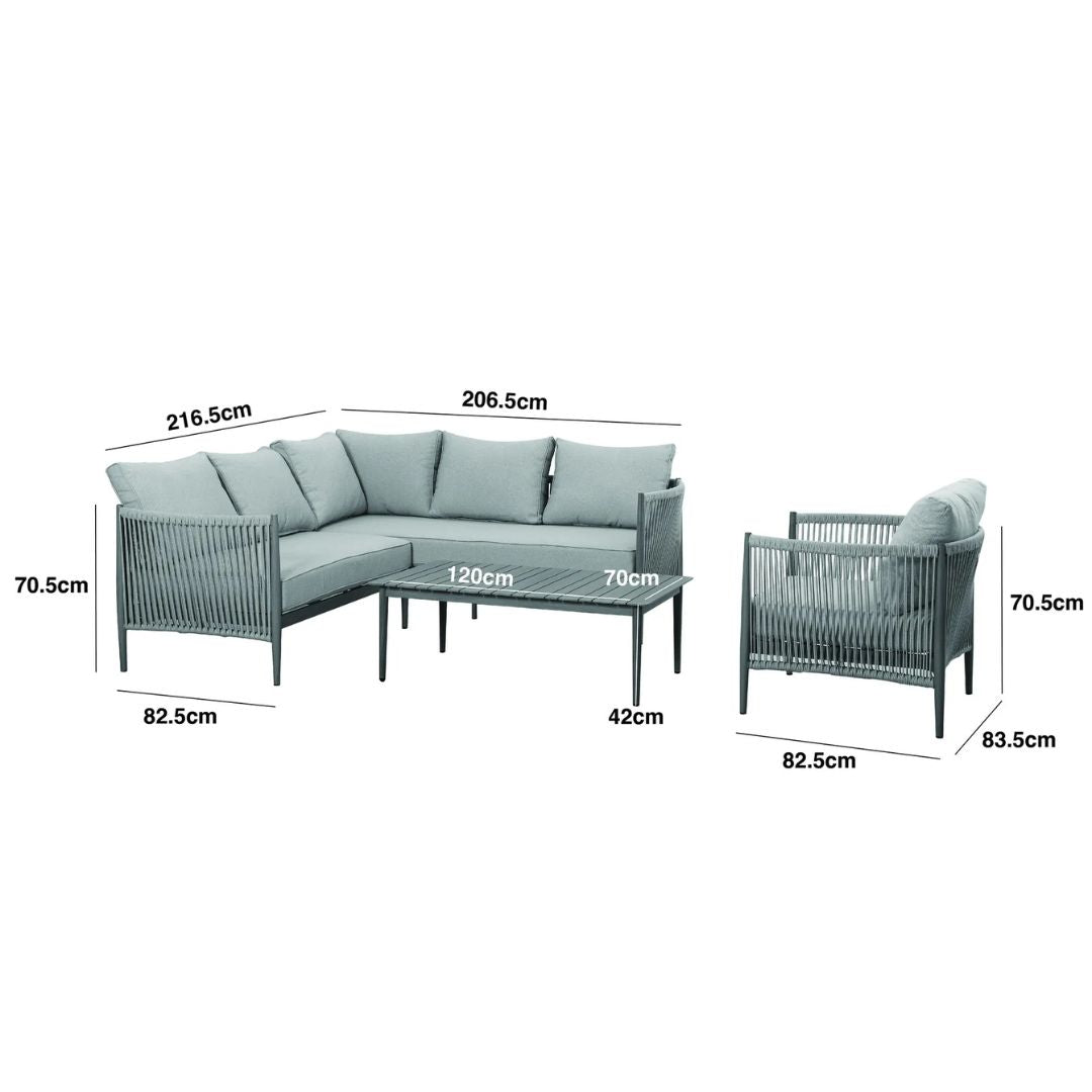 dimension footprint of rope weave corner sofa set and single chair