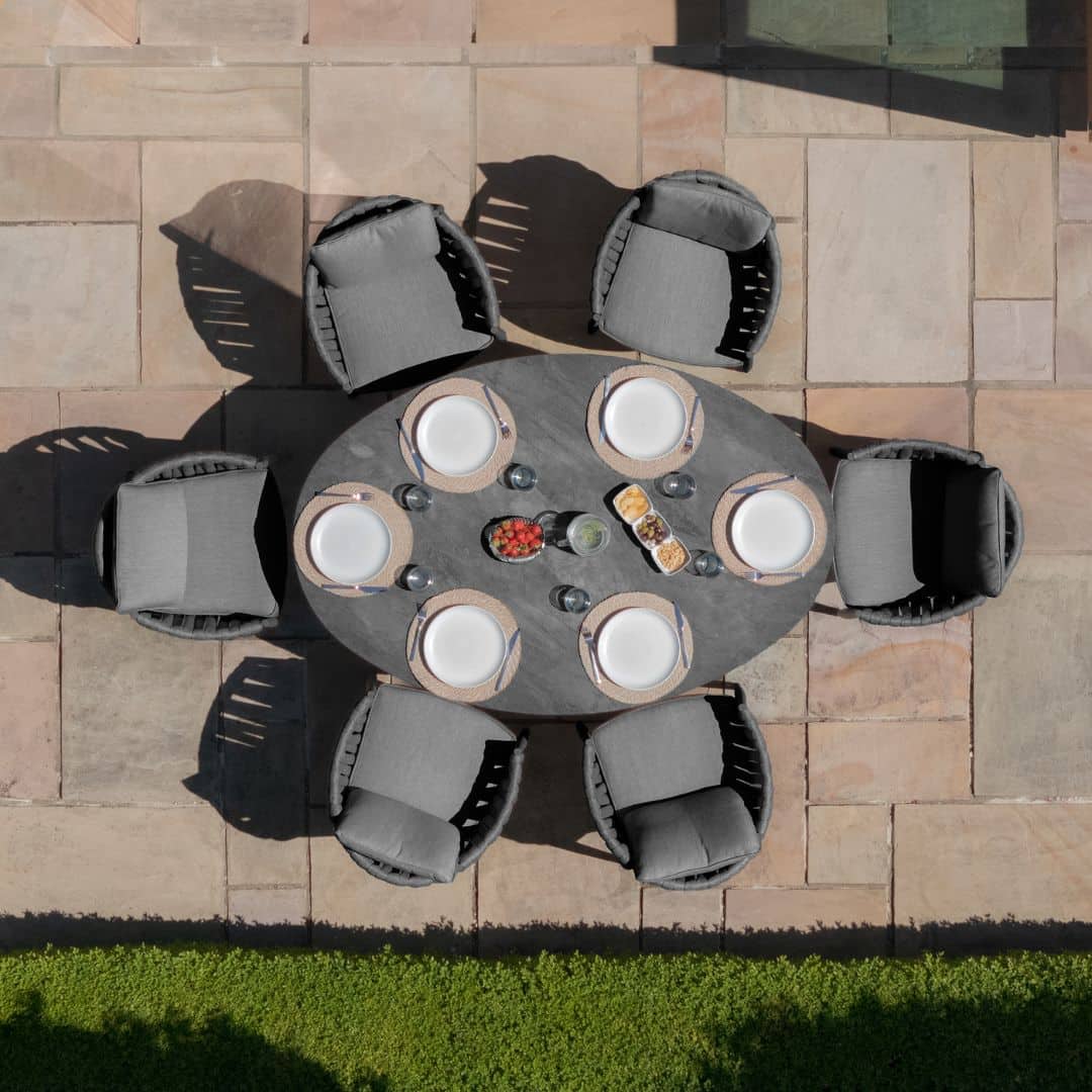 Mid Grey Rope Weave Fabric and Charcoal Frame 6 Seat Oval Dining Set with Lazy Susan #colour_mid grey and charcoal