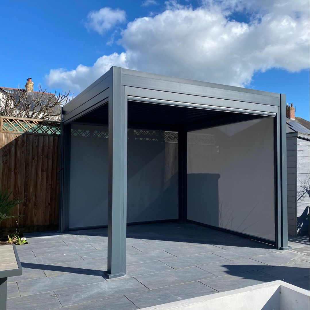 2.5m x 2.5m grey aluminium pergola with louvred roof
