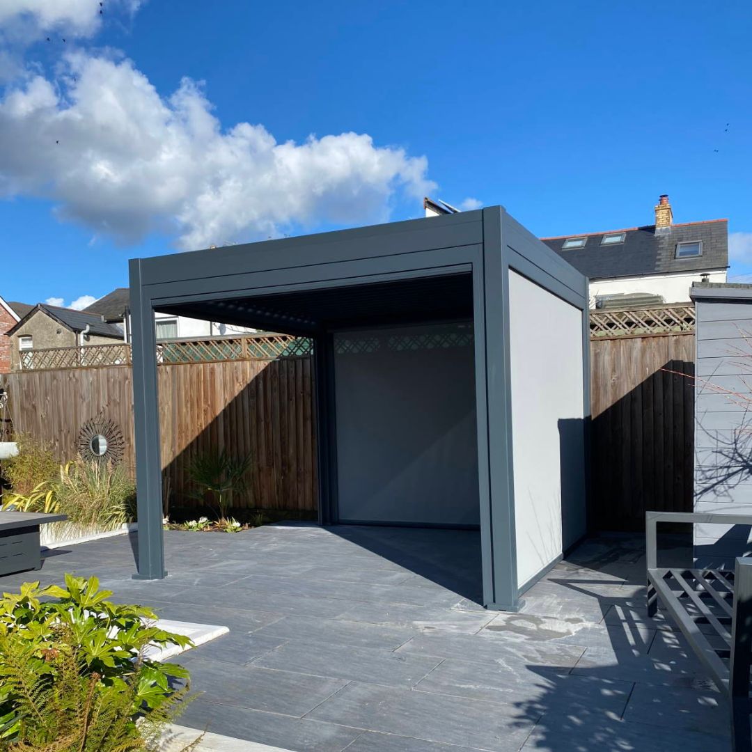 2.5m x 2.5m grey aluminium pergola with louvred roof