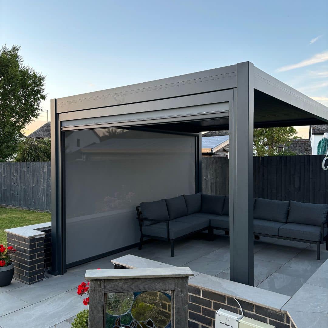 3m x 3m grey aluminium pergola with louvred roof and warm white led lighting 