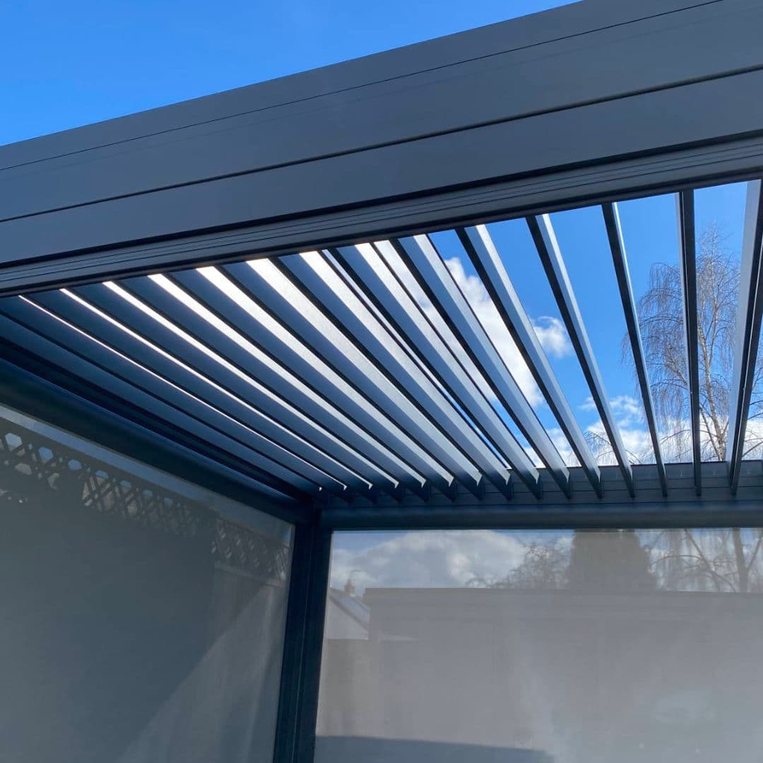 3m x 3m grey aluminium pergola with louvred roof 