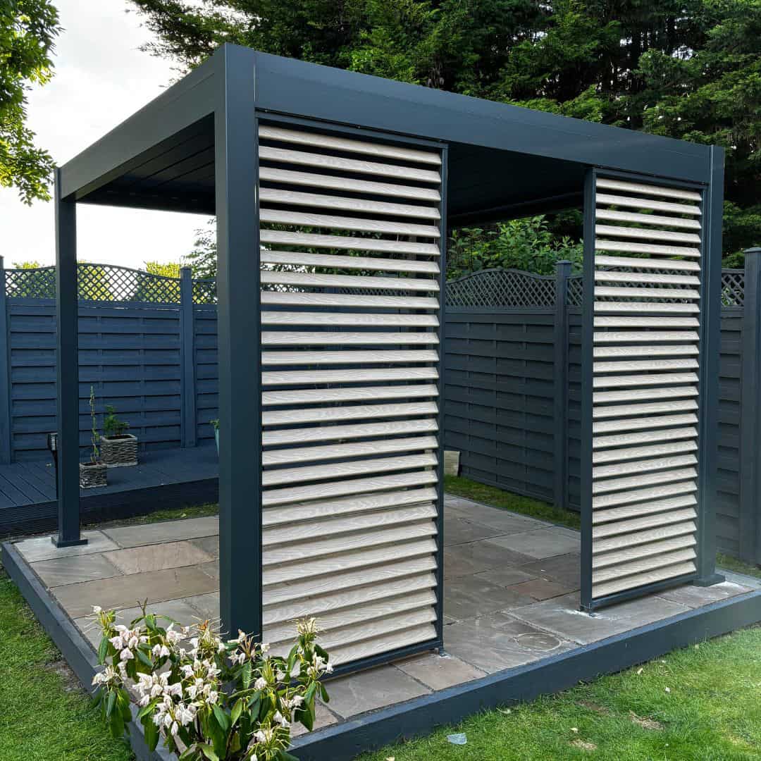 1.3m Light Oak aluminium adjustable louvred side panel on a aluminium pergola