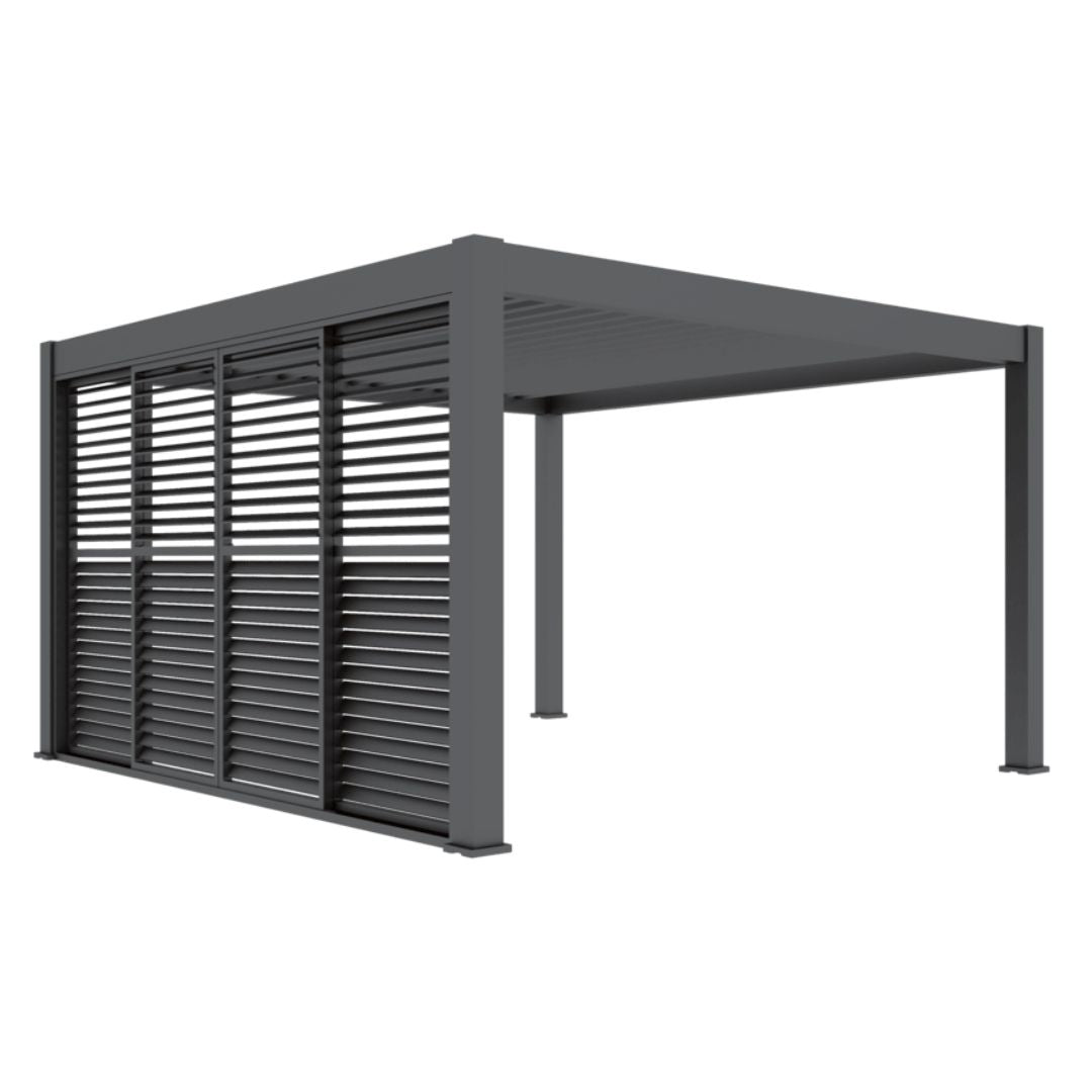 4m aluminium louvred sliding doors on a grey aluminium pergola