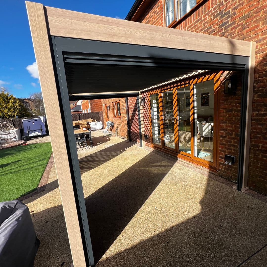 4m x 3m aluminium pergola in light oak wood effect