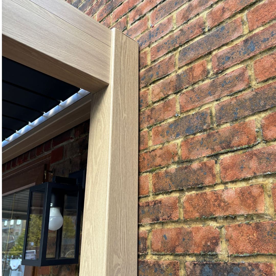 4m x 3m aluminium pergola in light oak wood effect