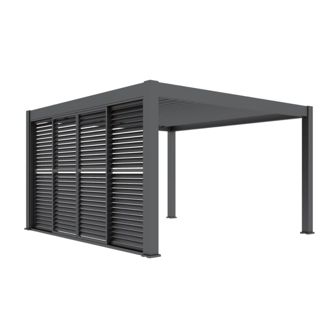 4m aluminium louvred sliding doors on a grey aluminium pergola