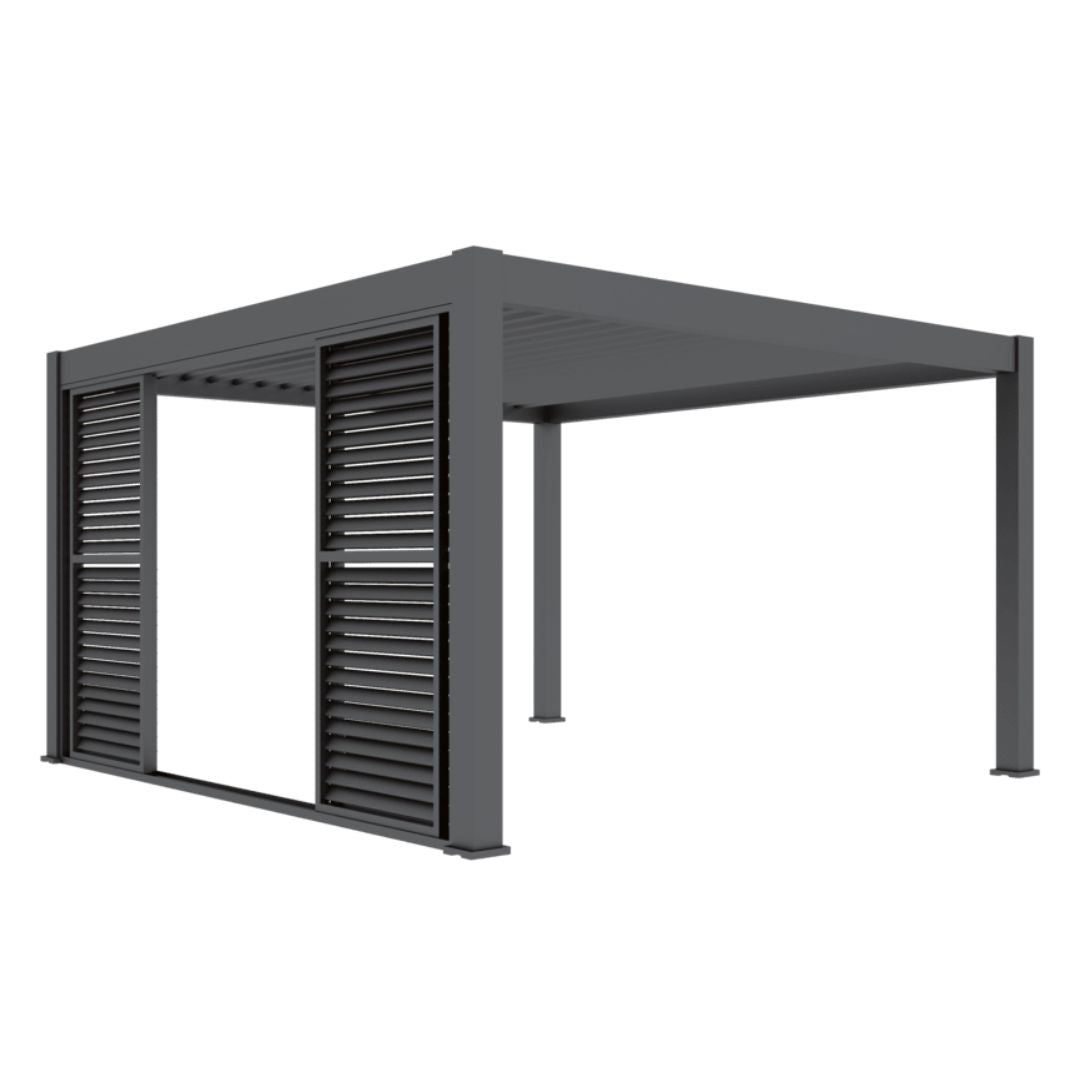 4m aluminium louvred sliding doors on a grey aluminium pergola