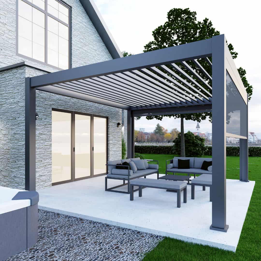 2.5m x 2.5m grey aluminium pergola with louvred roof
